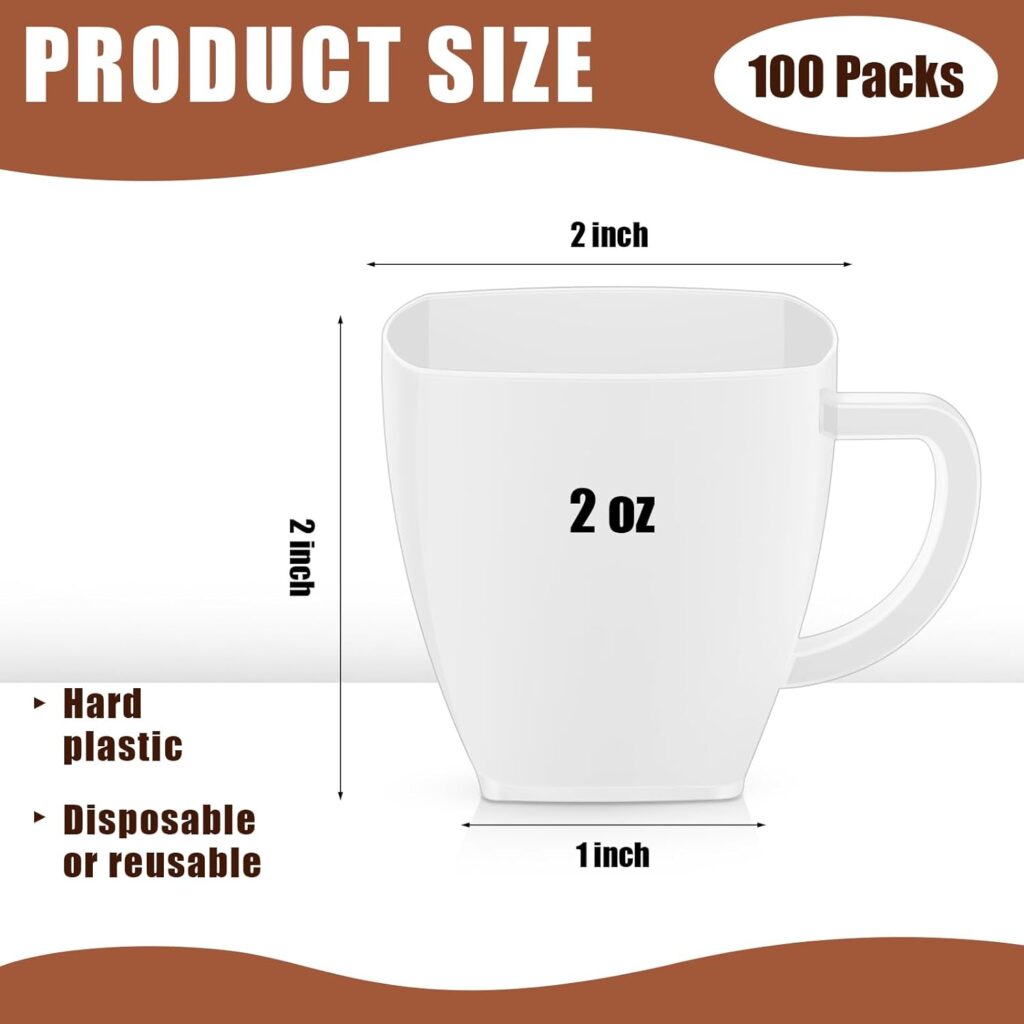 Amyhill 100 Pcs 2 oz Disposable Tea Cups Mini Plastic Tea Cup Bulk with Handle Hard Plastic Coffee Mug Disposable Square Espresso Mug for Tea Party Catering (White)