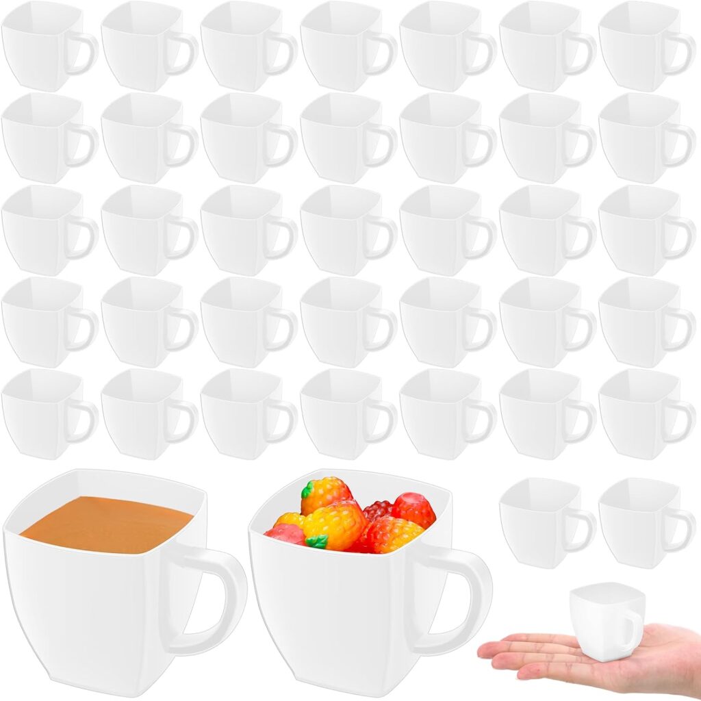 Amyhill 100 Pcs 2 oz Disposable Tea Cups Mini Plastic Tea Cup Bulk with Handle Hard Plastic Coffee Mug Disposable Square Espresso Mug for Tea Party Catering (White)