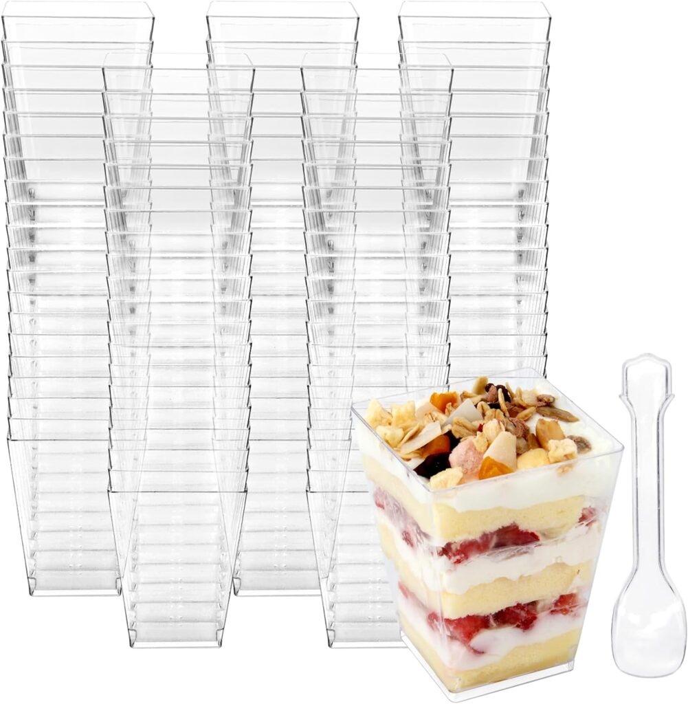 Colovis Dessert Cups, 100 Count 5oz Clear Plastic Parfait Appetizer Cups with Spoons Square Dessert Serving Cups for Parties, Events, Catering (100)