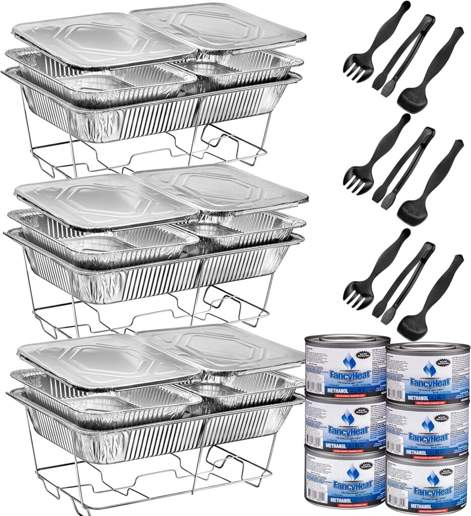 Disposable Chafing Dish Buffet Set, Food Warmers for Parties, Complete 33 Pcs of Chafing Servers with Covers, Catering Supplies with Full-Size Pans (9x13), Warming Trays for Food with Utensils  Lids