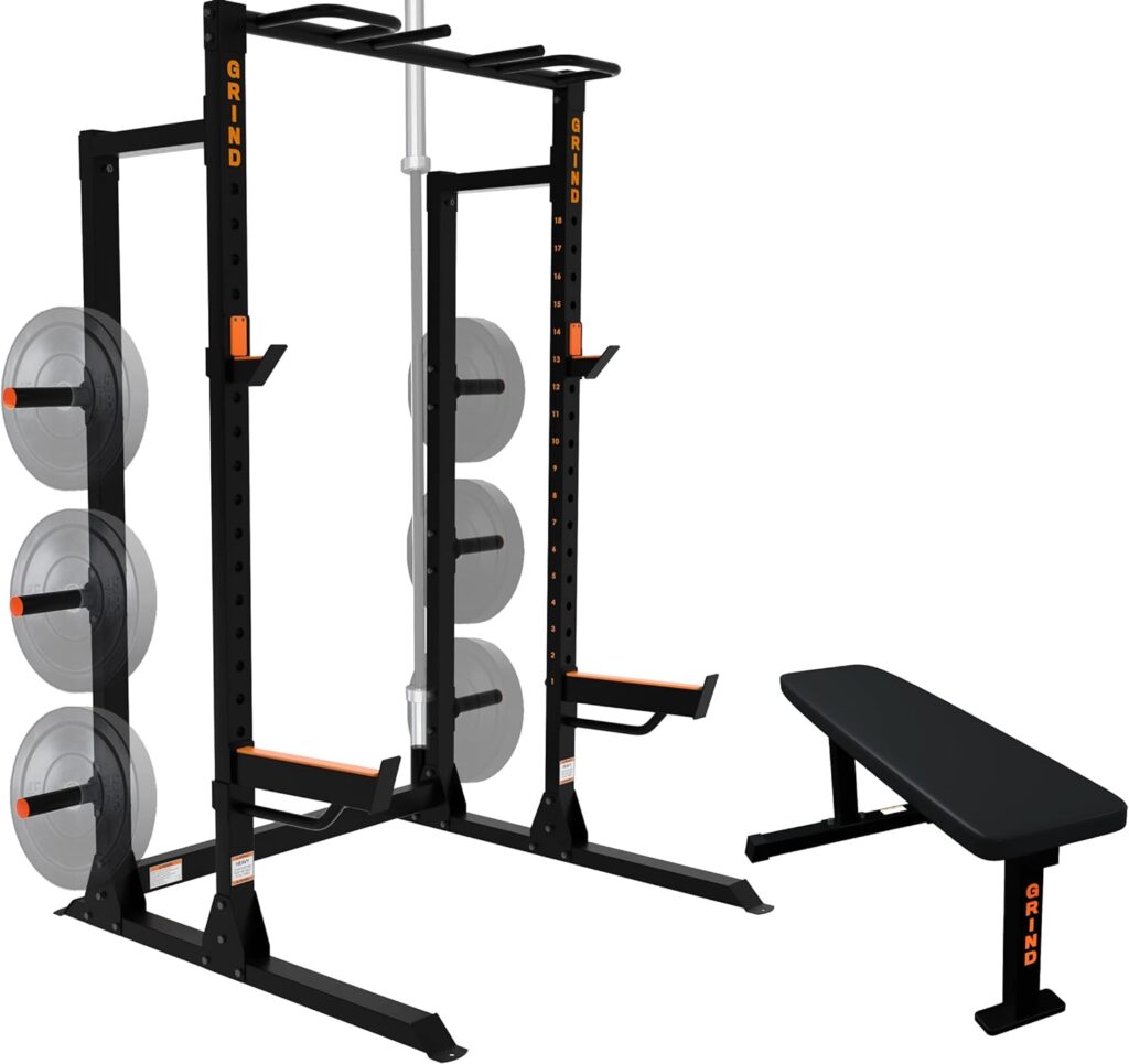 GRIND Fitness Chaos 4000 Power Rack, Exercise Squat Rack with Pull-Up Bar, Weight Storage and Barbell Storage, Spotter Arms and Rubber Padded J-cups, 1,000lb Weight Capacity for Bench Press