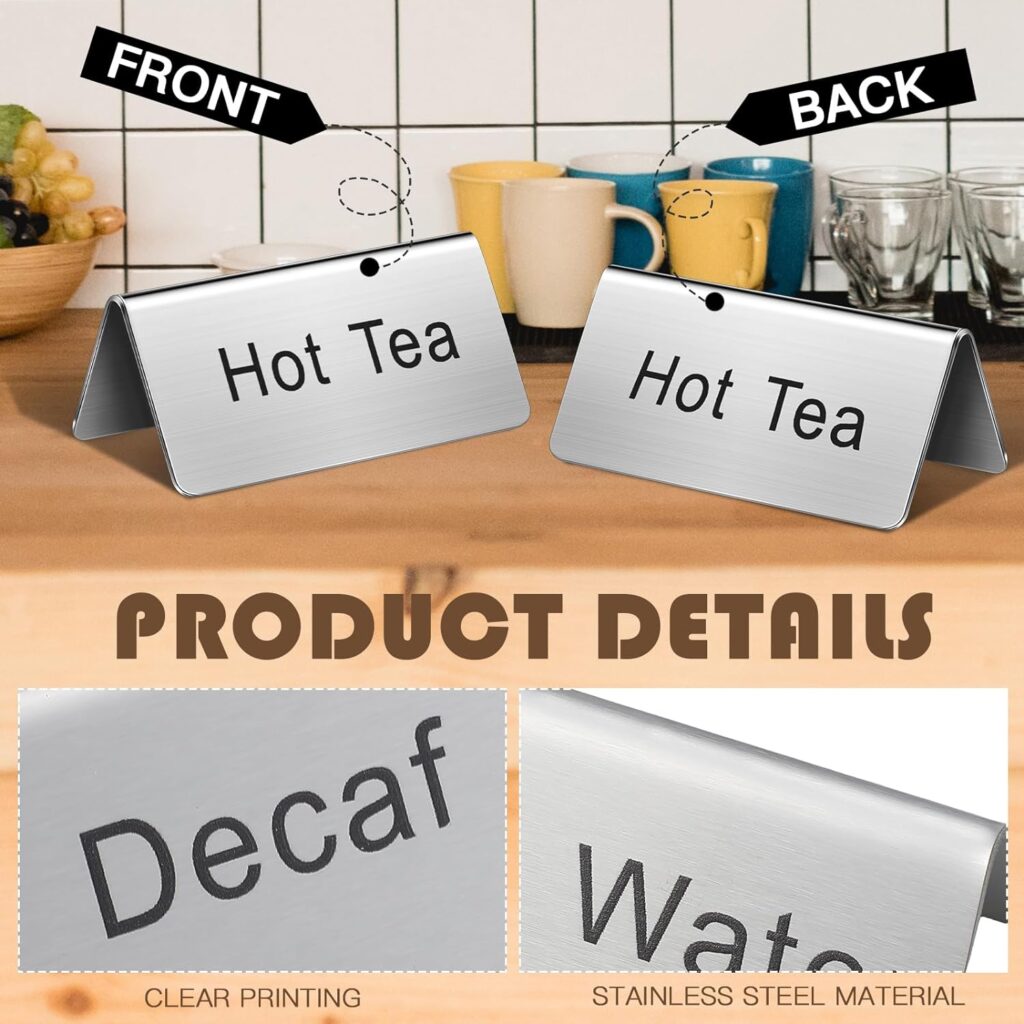 Hicarer 5 Pcs Stainless Steel Table Tent Sign Coffee and Tea Sign Beverage Table Display Tent Signs for Party Buffet Restaurant Banquet Wedding Indoor Outdoor, 2.99 x 1.5