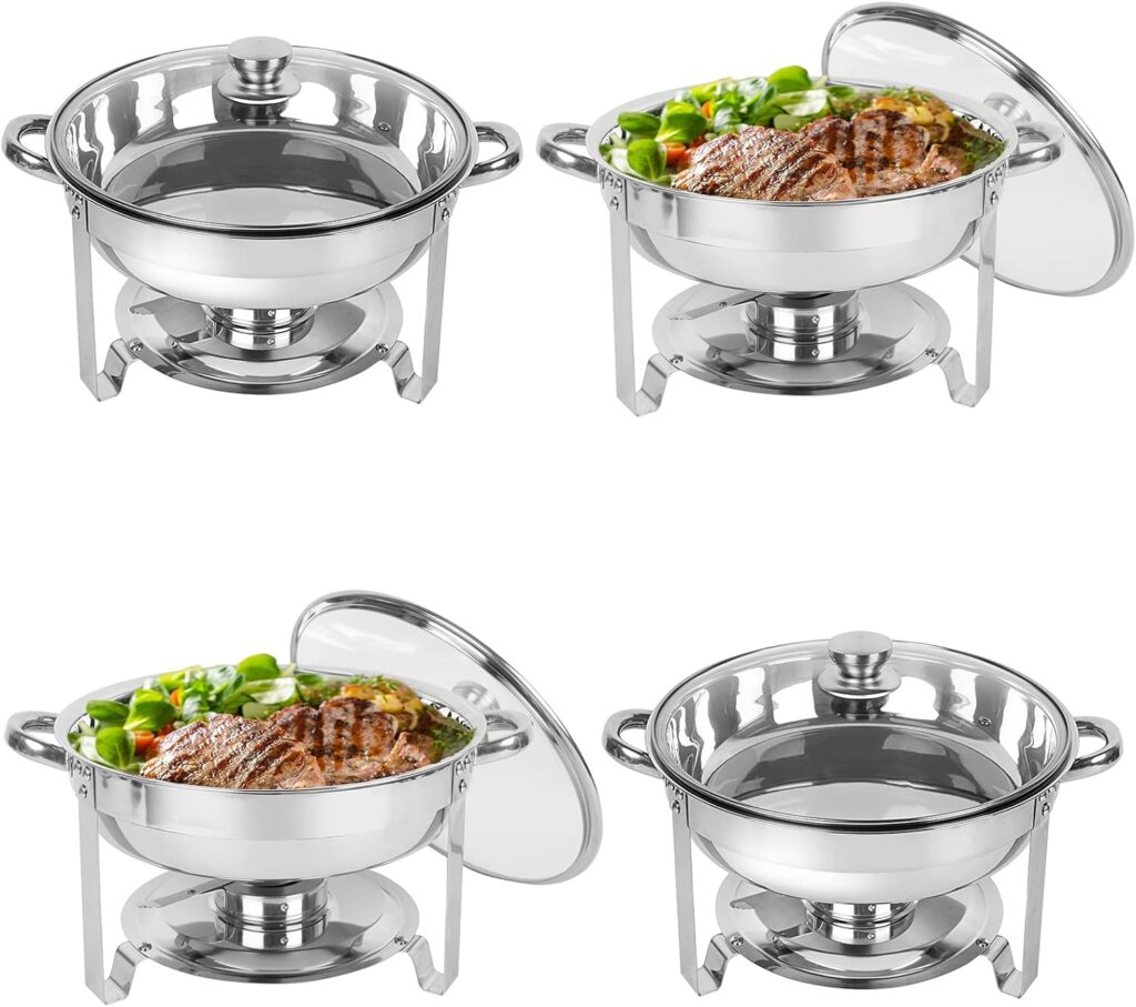 IMACONE Chafing Dish Buffet Set 4 Pack, 5QT Round Stainless Steel Chafer for Catering in Glass Lid, Chafers and Buffet Warmer Sets w/Food  Water Pan, Lid, Frame, Fuel Holder for Event Party Holiday