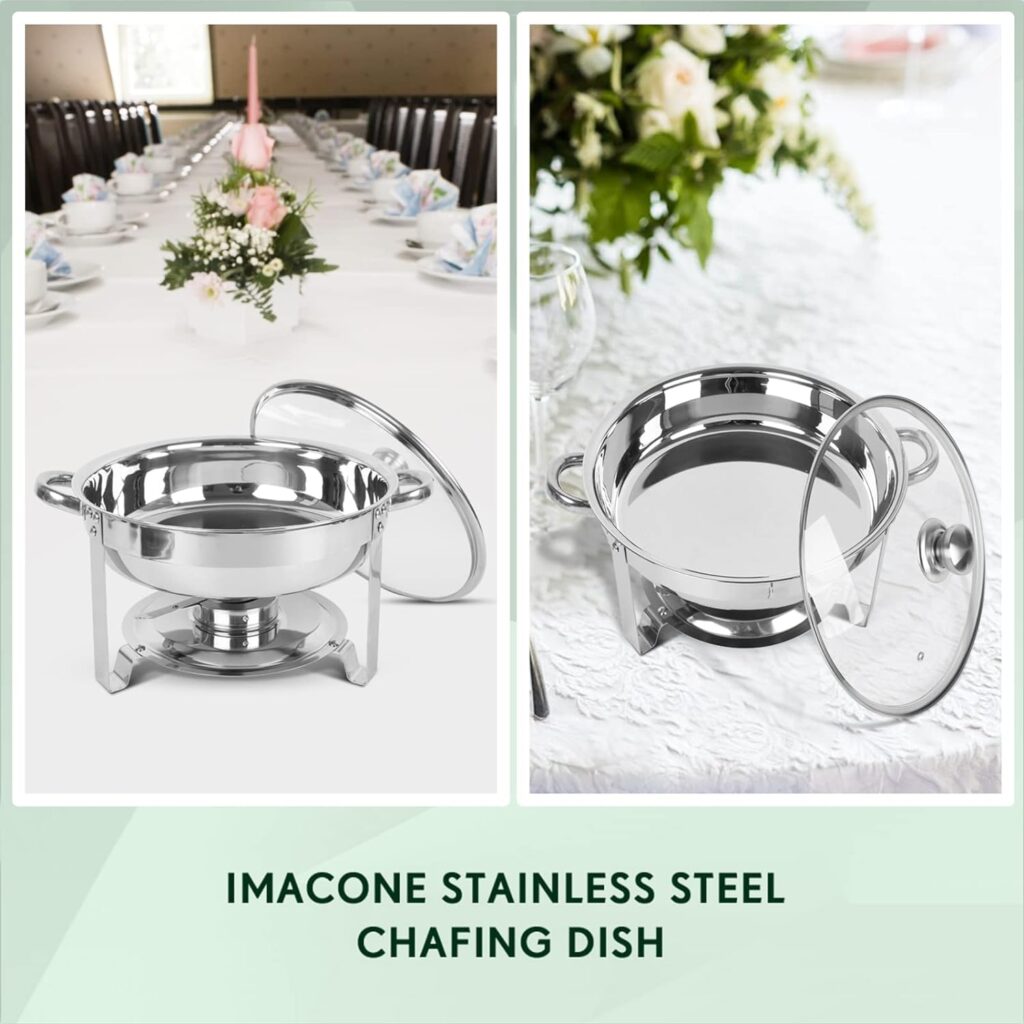 IMACONE Chafing Dish Buffet Set 4 Pack, 5QT Round Stainless Steel Chafer for Catering in Glass Lid, Chafers and Buffet Warmer Sets w/Food  Water Pan, Lid, Frame, Fuel Holder for Event Party Holiday