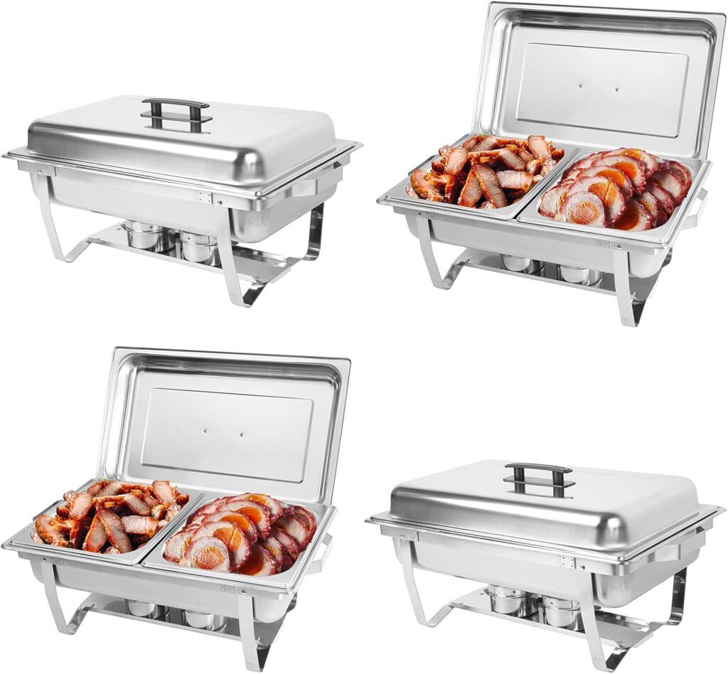 IMACONE Chafing Dish Buffet Set of 4, 8QT Stainless Steel Rectangular Chafers and Buffet Warmer Sets for Catering, Foldable Complete Set w/Half Size Food Pan, Lid, Fuel Holder for Event Party Holiday