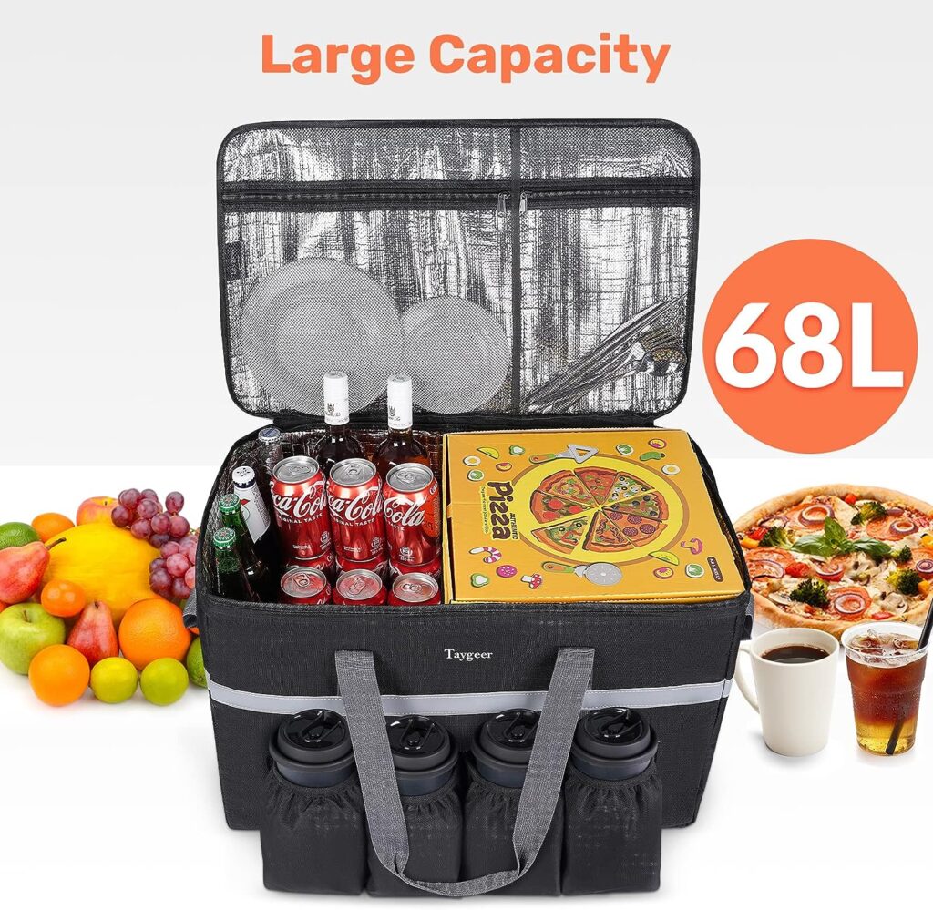 Taygeer 68L Insulated Food Delivery Bag With 4 Cup Holders | Thermal Catering Bag For Uber Eats, DoorDash, Grubhub