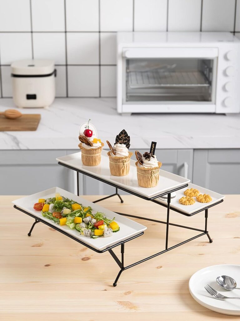 Kanwone 2 Tier Serving Stand with White Porcelain Platters, Collapsible Food Display Stand, 14.5 x 6 Tiered Serving Trays with Black Metal Stand for Entertaining Party, Dessert Stand