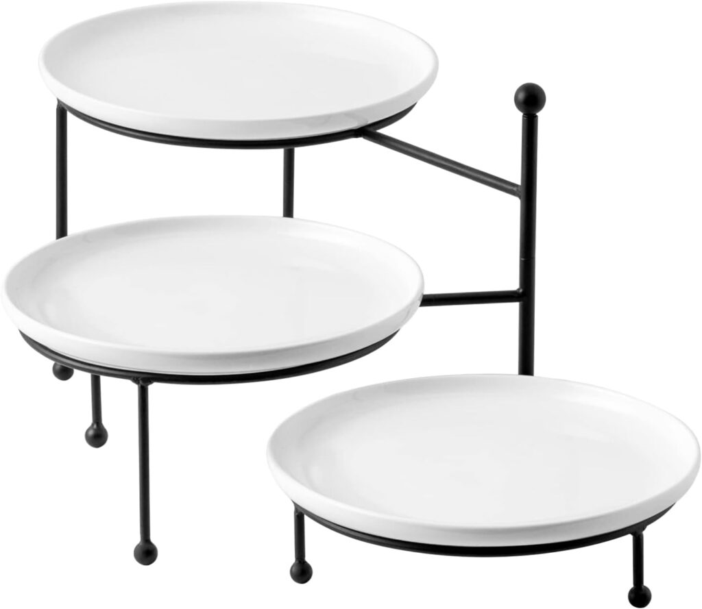 Kanwone 3 Tiered Serving Stand with White Porcelain Plates, Swivel Food Display Stand, 10 x 10 Tier Serving Trays with Black Metal Stand for Entertaining, 3 Tier Dessert Stand