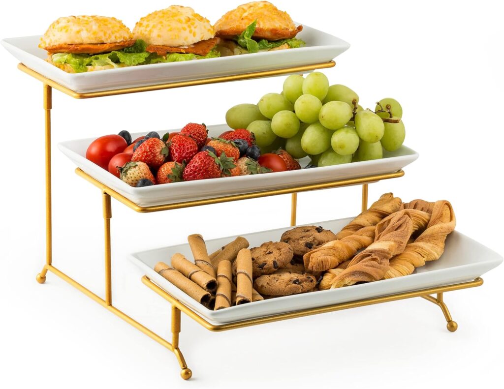Large 3 Tier Serving Tray with Serving Stand, Serving Dishes for Entertaining, Suitable for Dessert Table Display Set Catering Supplies 12 inch Gold Serving Tray for Hot Chocolate Bar…