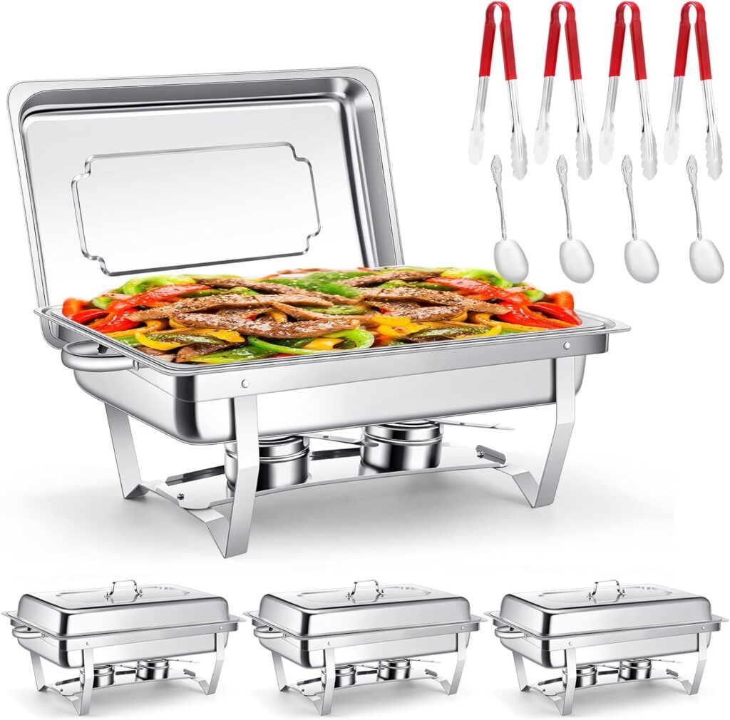 Mifoci 4 Pack 8QT Chafing Dish Buffet Set Full Size Stainless Steel Chafers Food Warmer Set Rectangular Catering Food Warmer with Tongs and Spoons for Parties Events Wedding Banquet Dining Kitchen