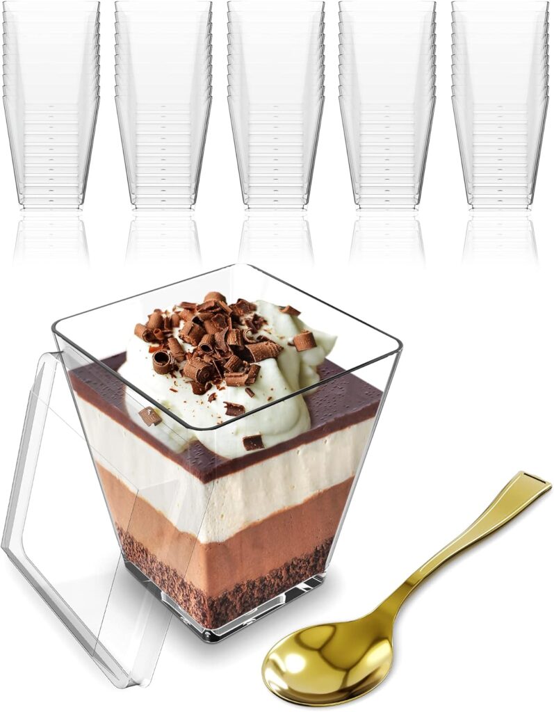 Mini Dessert Cups with Lids and Spoons (50 PACK) (Gold Spoons) – 5 oz Plastic Appetizer Cups for Parfait – Reusable Mini Square Dessert Cups for Events, Parties,  More - BPA Free Catering Supplies