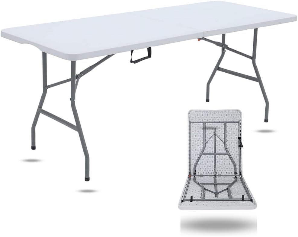 New Home Era Folding Table - Foldable Heavy Duty Plastic Table for Indoor  Outdoor Parties, Picnic, Camping, Wedding, BBQ Catering, Garden Dining - Fold-in-Half Portable Utility Table - White - 6ft