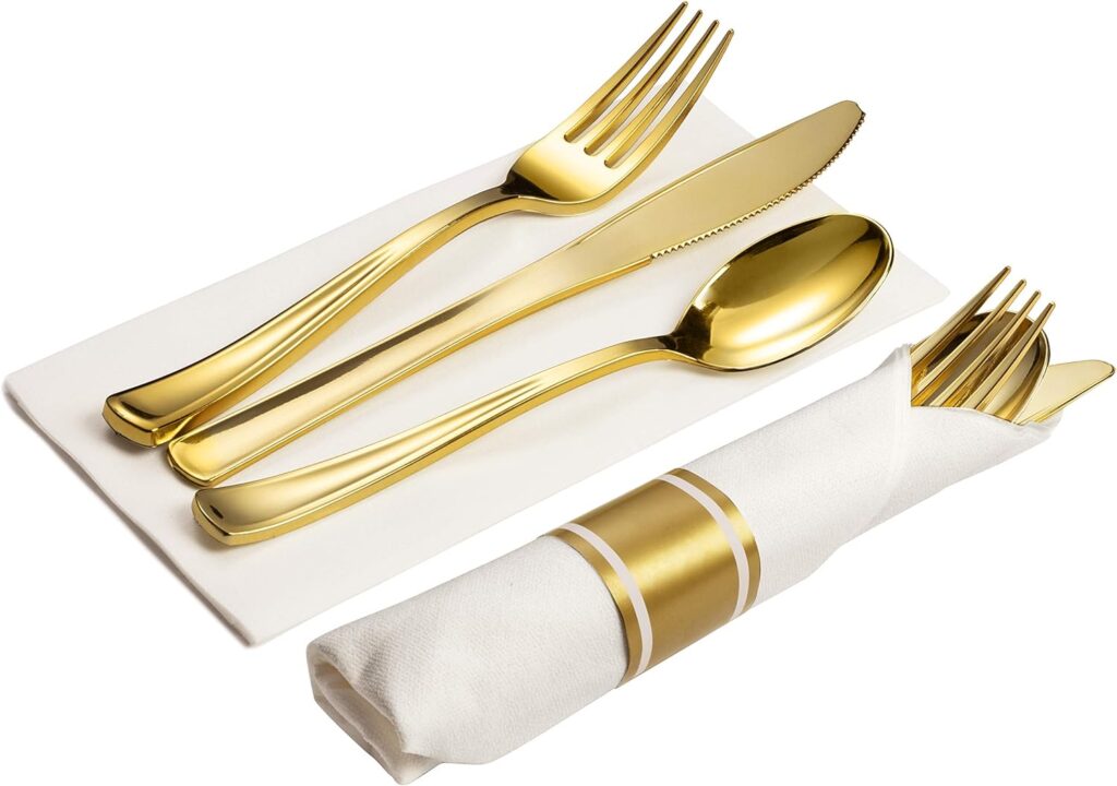 Prestee 50 Pre Rolled Gold Plastic Silverware, 200pc Set, 50 Guests - Wrapped Disposable Silverware Set with Forks, Knives, Spoons, White Napkins - Fancy Decorative Flatware for Dinner, Party, Wedding