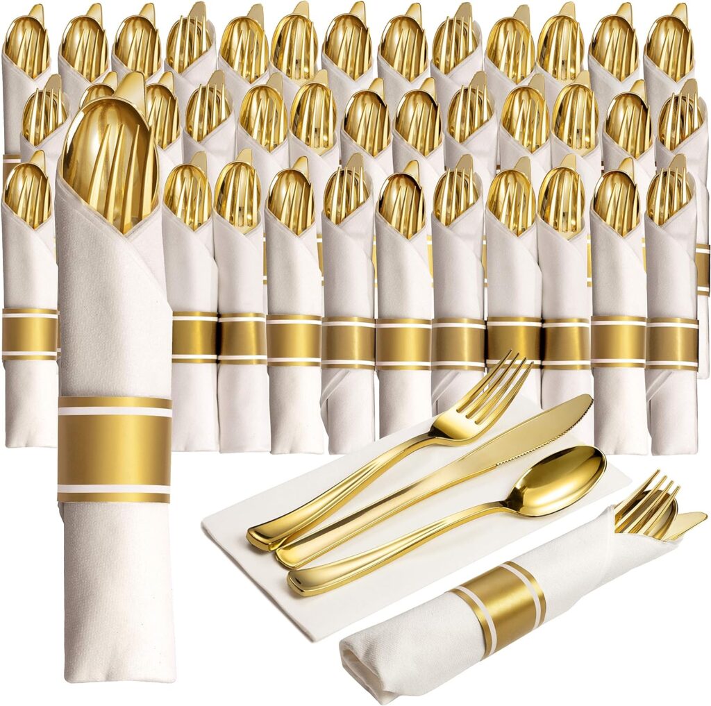 Prestee 50 Pre Rolled Gold Plastic Silverware, 200pc Set, 50 Guests - Wrapped Disposable Silverware Set with Forks, Knives, Spoons, White Napkins - Fancy Decorative Flatware for Dinner, Party, Wedding