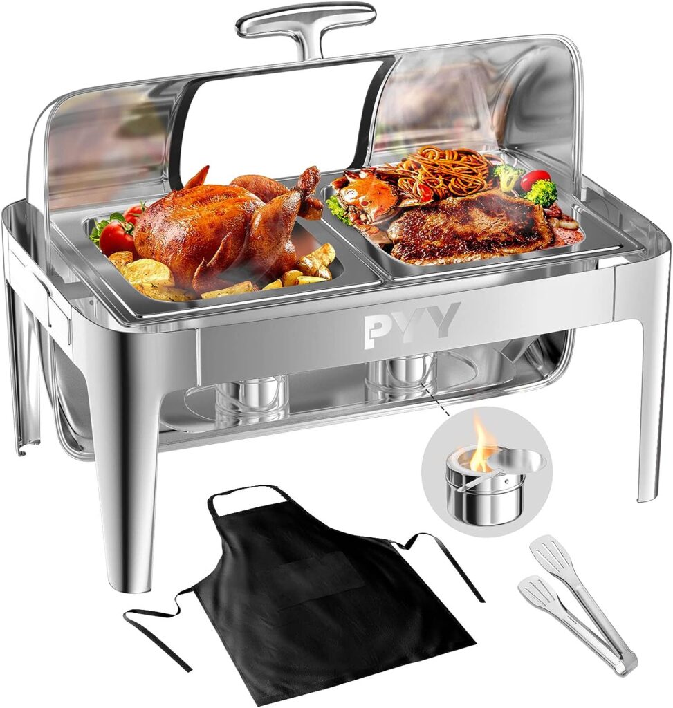 PYY Roll Top Chafing Dish Buffet Set, 9 QT Stainless Steel Chafing Server Set for Catering Commercial Chafers Buffet Warmer for Parties, Wedding, Banquet, Events (2 Half-Size)