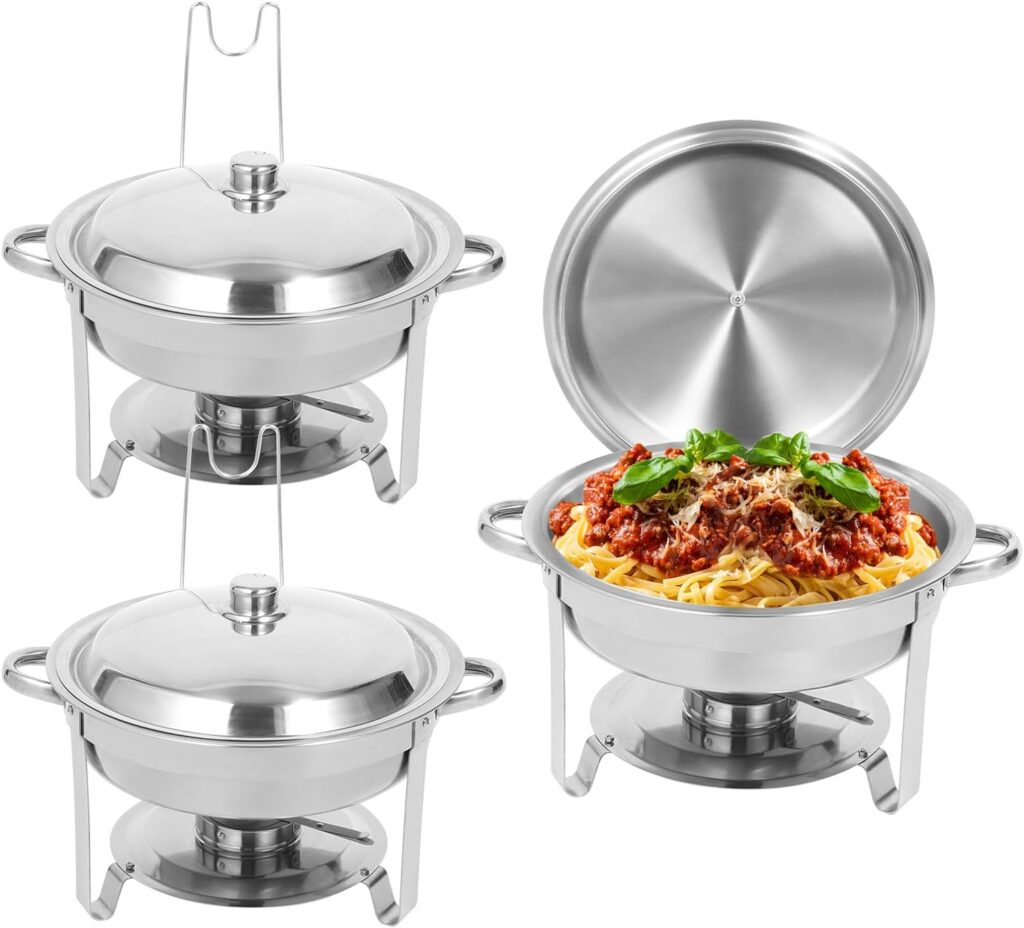 Restlrious Chafing Dish Buffet Set 3 Pack, 5 QT Stainless Steel Round Chafers and Buffet Warmers Set Full Size w/Lid and Lid Holder, Food Pan, Fuel Holder, Food Warmer for Catering Party Event Serving