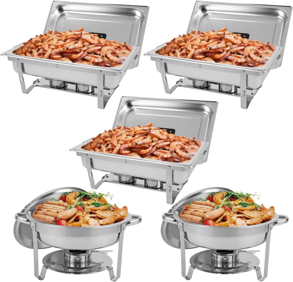 Restlrious Chafing Dish Buffet Set 5 Pack, Stainless Steel 5 QT Round  8 QT Rectangular Foldable Chafers and Buffet Warmers Set, w/Full Size Food Pan, Water Pan, Fuel Holder  Lid for Catering Event