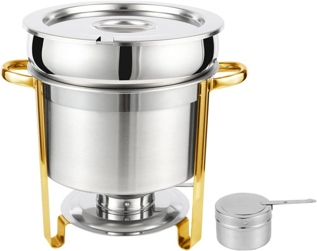 Restlrious Soup Chafer 11 QT Stainless Steel Round Soup Warmer, Large Marmite Soup Chafer with Pot Lid and Fuel Holder in Gold Accent, for Catering Parties Events Banquets, Commercial Grade 1 Pack