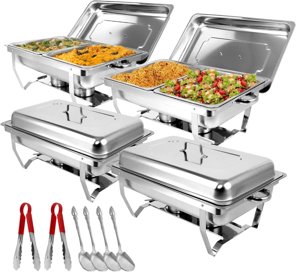 Snowtaros 4 Pack 8QT Chafing Dish Buffet Set, Stainless Steel Food Warmer Set, Rectangular Buffet Server with Tongs  Spoons for Parties, Catering, Banquets, Events (Half Size)