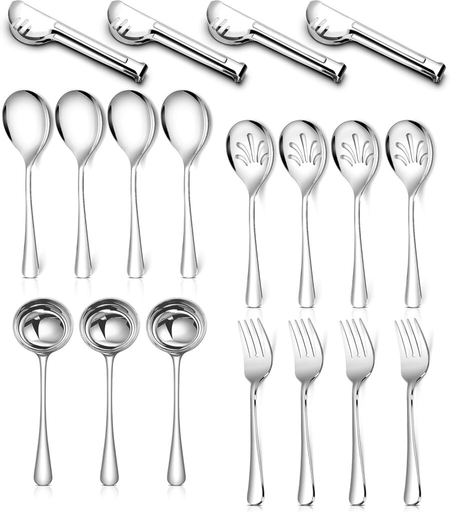 Teivio Stainless Steel Serving Utensils Set, Include Large Set of 19 Pieces - Serving Spoons, Slotted Spoons, Serving Forks, Serving Tongs and Soup Ladles, for Catering/Buffet/Chafing Dish (Silver)