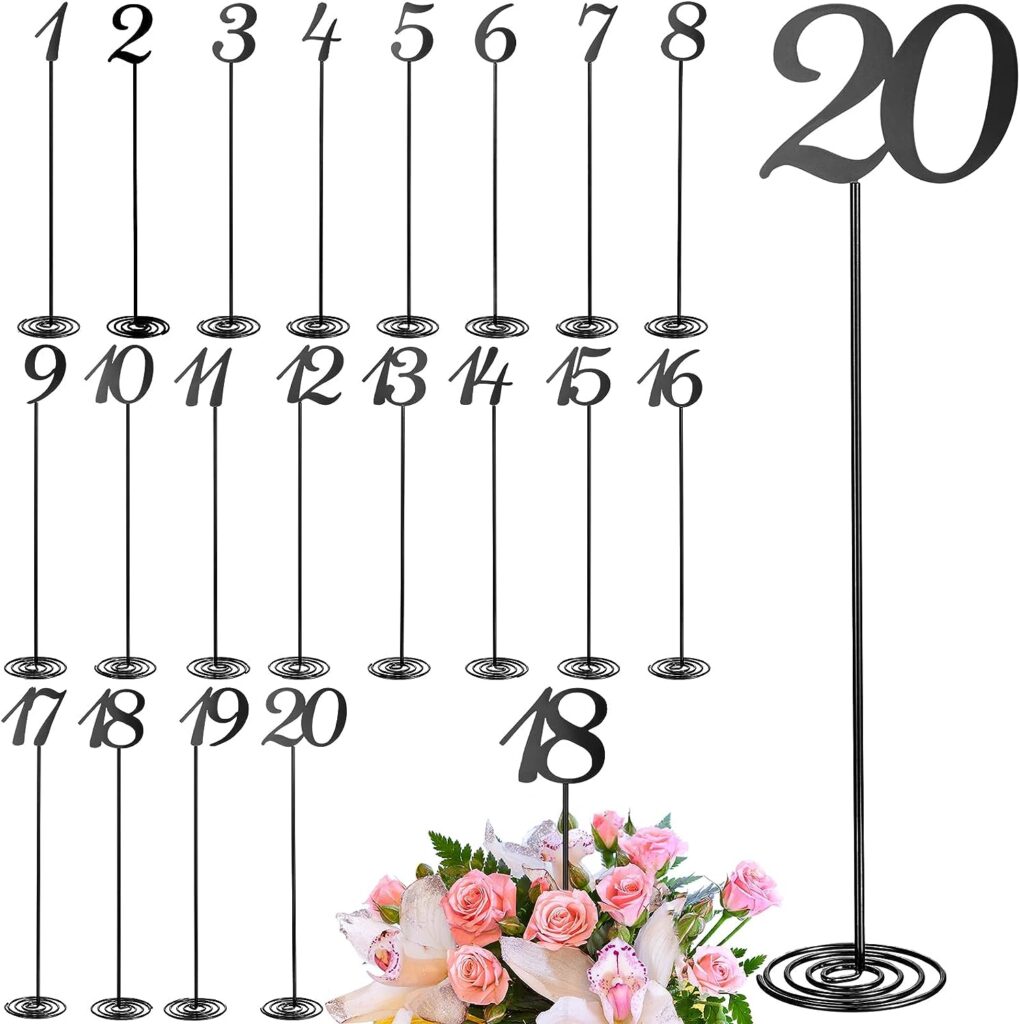 Therwen 20 Pcs Metal Table Numbers 1-20 Table Numbers for Wedding Reception 12 Inch Stainless Steel Party Table Number with Sturdy Holder Base for Banquet Wedding Party Event Catering (Black)