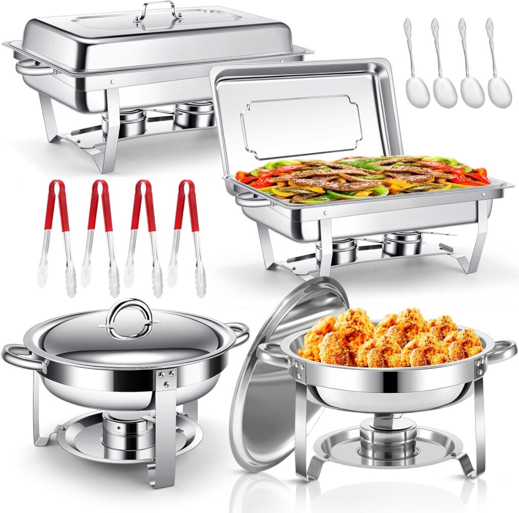 Tioncy 4 Pcs Chafing Dish Buffet Set, 8QT Stainless Steel Rectangular Chafer and 4QT Round Chafers Buffet with Lids Buffet Servers Food Warmer Foldable Chafing Dishes for Buffet Party Catering