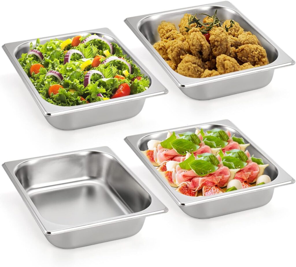 TOPZEA 4 Pack Hotel Pans Half Size, 2.5 Deep 1/2 Size Stainless Steel Steam Table Pan Buffet Catering Food Pan, Warmer Breading Tray Batter Pans for Hotel, Party Catering Supplies