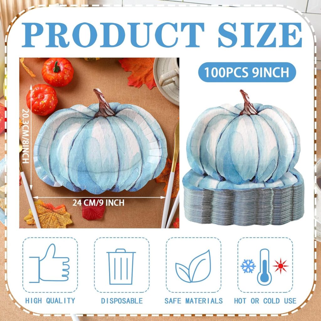 Yaomiao 100 Pcs Blue Pumpkin Paper Plates Fall Disposable Plates Maroon Paper Plates Thanksgiving Harvest Party Dinner Plates Teal Paper Plates for Holiday Catering Events Dinning Party Favors