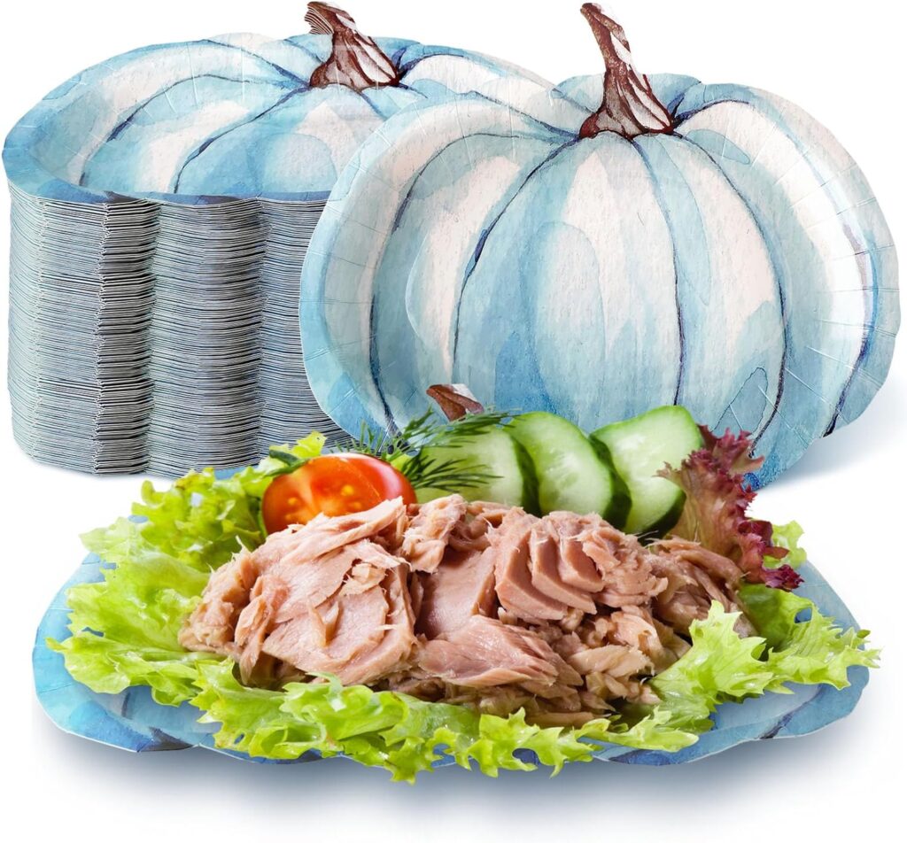 Yaomiao 100 Pcs Blue Pumpkin Paper Plates Fall Disposable Plates Maroon Paper Plates Thanksgiving Harvest Party Dinner Plates Teal Paper Plates for Holiday Catering Events Dinning Party Favors