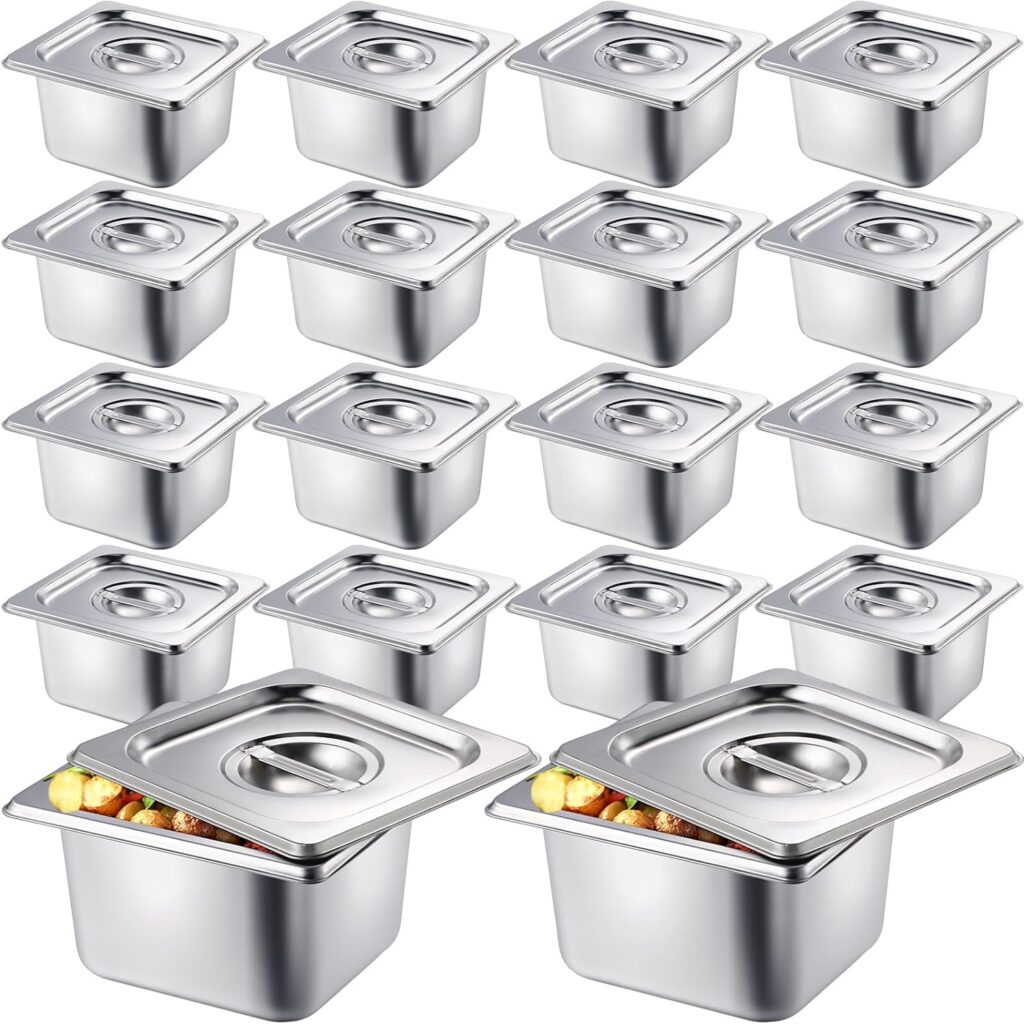 Zubebe 16 Pack Hotel Pan with Lid 4 Inch Deep Steam Table Pan 0.9 mm Thick Stainless Steel Pans Anti Steam Commercial Food Pans for Restaurant Buffet Event Catering Supplies (1/6 Size x 4 Inch Deep)