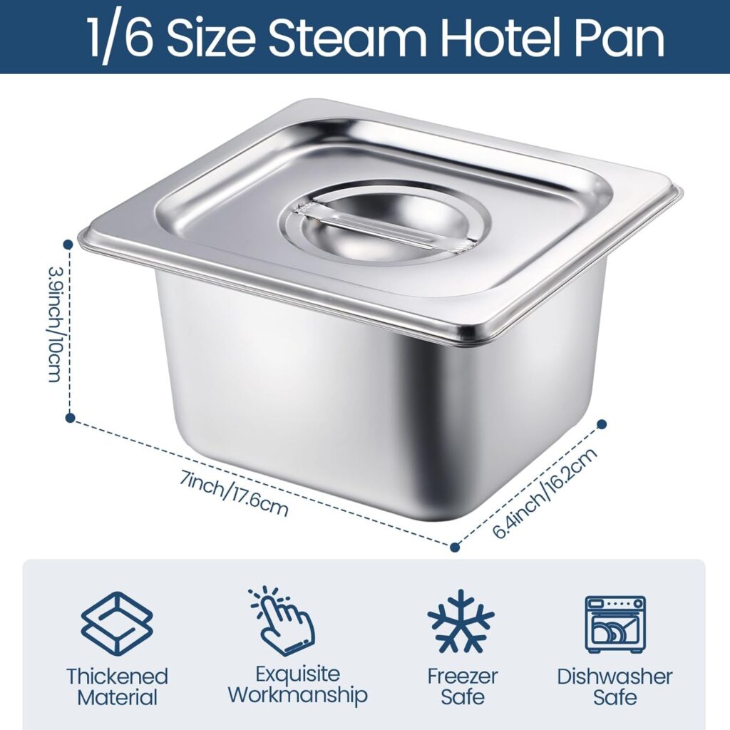 Zubebe 16 Pack Hotel Pan with Lid 4 Inch Deep Steam Table Pan 0.9 mm Thick Stainless Steel Pans Anti Steam Commercial Food Pans for Restaurant Buffet Event Catering Supplies (1/6 Size x 4 Inch Deep)